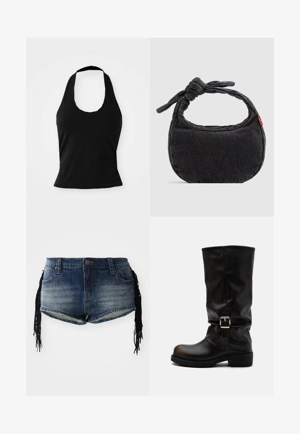Schwarzes Halftertop aus weichem Stoff, mit einem U-Bootausschnitt und einer figurschmeichelnden Silhouette, glatter Textur und ohne sichtbare Muster.; Denim-Shorts in einem verlaufenden blauen Waschung mit ausgefranstem Saum und schwarzen Fransenverzierungen an den Seiten, mit Fronttaschen und einem Bund.; Hoher schwarzer Lederstiefel mit abgerundeter Spitze, niedrigem Absatz, seitlichem Schnallenriemen und leicht geschliffenem Schaft auf weißem Hintergrund.; Kleine schwarze Jeans-Umhängetasche mit geknotetem Riemen und Reißverschluss, mit einem roten Levi's Stoffetikett an der Seite.