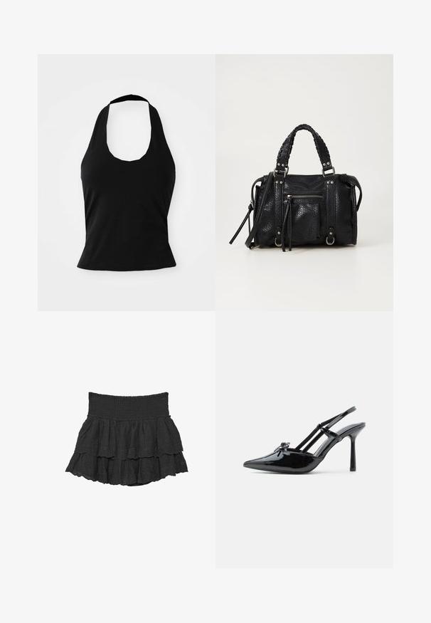 Haut halter noir en tissu doux, avec un col rond et une silhouette ajustée, à la texture lisse et sans motifs visibles.; Mini-jupe noire à volants avec large ceinture smockée et motifs floraux brodés sur tissu superposé.; Chaussure slingback à talon haut en cuir verni noir, avec bout pointu, talon fin et double brides décoratives sur le cou-de-pied.; Sac à main en simili cuir noir texturé avec des anses tressées, des accents en métal argenté et une poche zippée à l'avant. Design compact avec une bandoulière amovible.