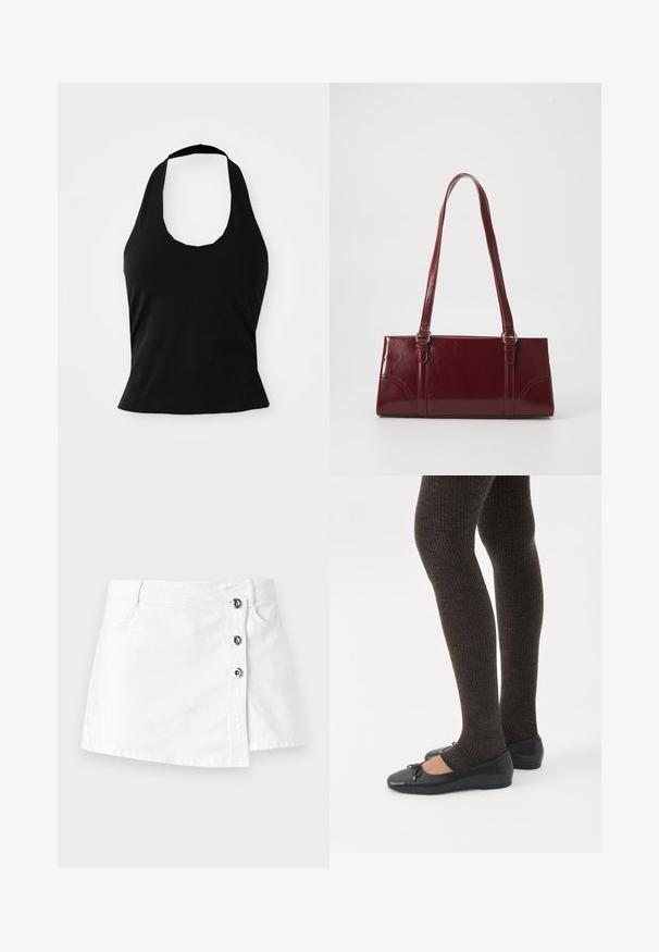 Μαύρο halter top από μαλακό ύφασμα, με στρογγυλή λαιμόκοψη και εφαρμοστή σιλουέτα, με λεία υφή και χωρίς ορατά σχέδια.; Λευκή τζιν μίνι φούστα με ίσια γραμμή, διαθέτει πλάγιο κλείσιμο με τέσσερα μεταλλικά κουμπιά και διακριτό ρολάρισμα στο μέρος της. ; Πόδια με σκουρόχρωμα ριμπ κολάν συνδυασμένα με μαύρα μπαλαρίνα παπούτσια με μικρές λεπτομέρειες φιόγκων σε λευκό φόντο.; Μπορντό τσάντα ώμου από γυαλιστερό υλικό, ορθογώνιο σχήμα, με δύο ιμάντες ώμου και λεπτές καμπύλες λεπτομέρειες στο μπροστινό μέρος.