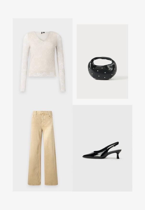 Haut à manches longues, col en V, beige avec un motif en dentelle florale. Corps lisse et manches transparentes, avec de délicats accents texturés.; Pantalon ample en velours côtelé beige avec une texture lisse, doté d'une fermeture à boutons et d'un design classique à cinq poches.; Escarpins en cuir verni noir avec un bout pointu et un petit talon carré. Sangle réglable à la cheville avec boucle.; Sac à main en cuir noir de forme arrondie, décoré de clous argentés et équipé d'une poignée courte. Texture lisse et fermeture éclair.