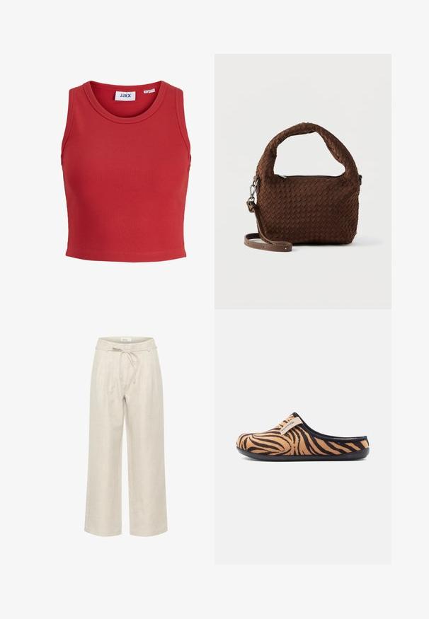 Rød ribbet ærmeløs crop top med rund halsudskæringer og en sammenføjet kant. Har et mærke indeni kraven. Blødt, struktureret stof.; Beige linned brede bukser med elastisk talje og frontfolder, i en glat tekstur og ankellængde.; Slip-on træsko med tigerprint i brune og sorte nuancer, blødt stofoverdel og sort gummisål. Har et lille mærke på siden.; Brun vævet håndtaske med et rundt håndtag, sølvfarvede detaljer og en justerbar rem. Har lynlåslukning og en struktureret overflade.