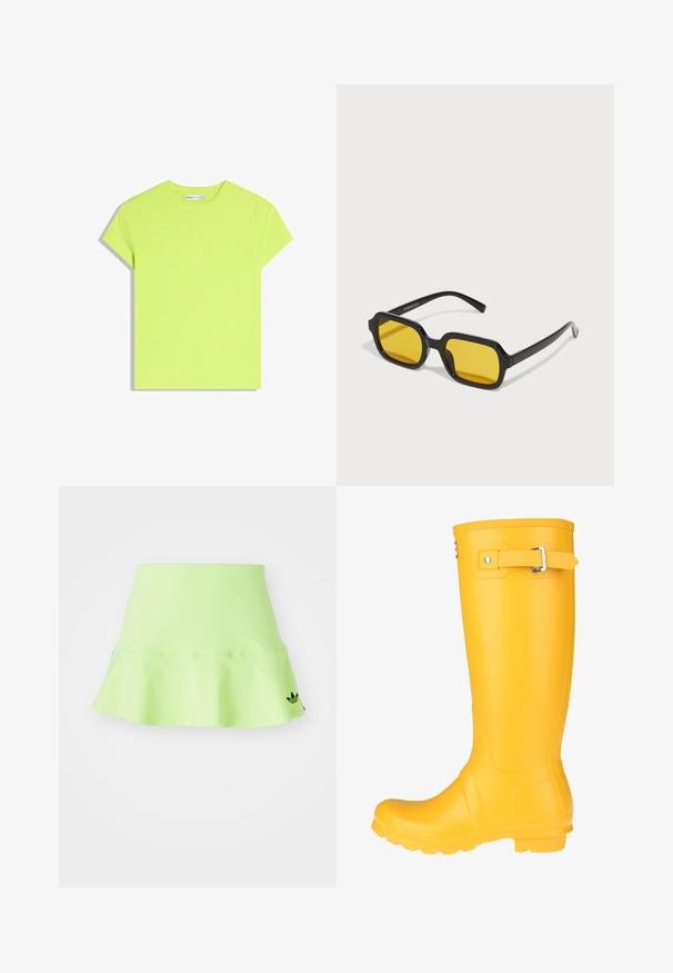 Kortærmet T-shirt med rund hals i lys limegrøn, lagt fladt på en hvid baggrund med synligt Bershka-mærke indeni kraven.; adidas Originals SKIRT - Mini skirts - signal green; Gul gummistøvle med en glat overflade, justerbar spænde, og tekstureret sål for bedre greb. Høj design, rund tå, og sømløs krop.; Sorte rektangulære solbriller med gule linser. Funktioner inkluderer tykke stel og kantet design med en glat, blank finish.
