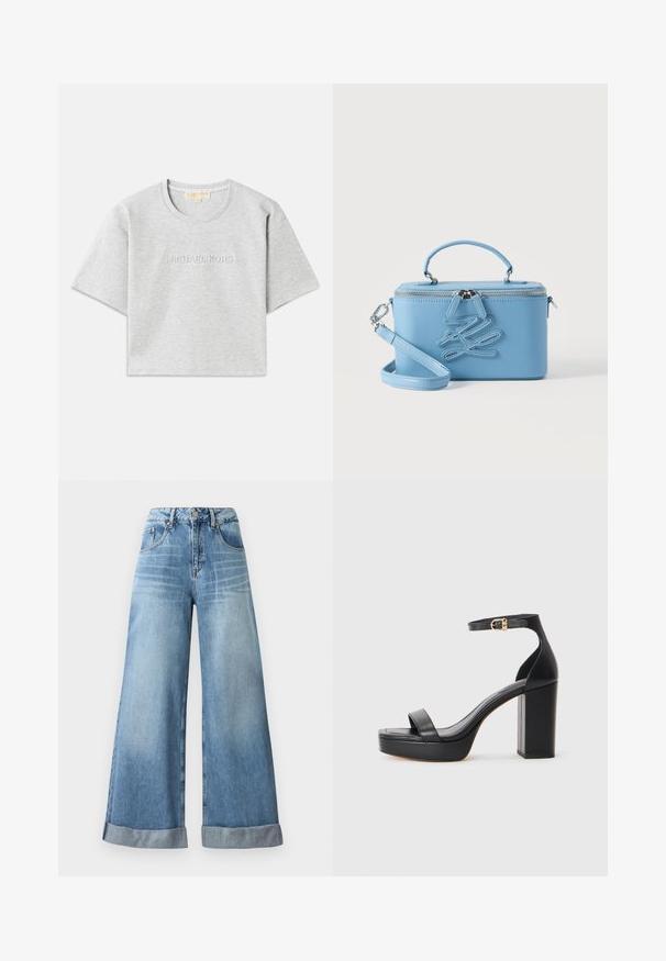 Grå cropped t-shirt lavet af blød stof med korte ærmer. Har en diskret præget logo "MICHAEL KORS" på brystet.; Lysblå vidbenede jeans i denim med høj talje, der har knaplukning, fem lommer og opfoldede manchetter forneden.; Sorte platform sandaler med en tykk blokhæl, glat lædermateriale, åbent tådesign og en ankelrem med en guldspænde detalje.; Lys blå rektangulær læderhåndtaske med øverste håndtag, aftagelig skulderrem, lynlås lukning og broderet dekorativt logo foran.