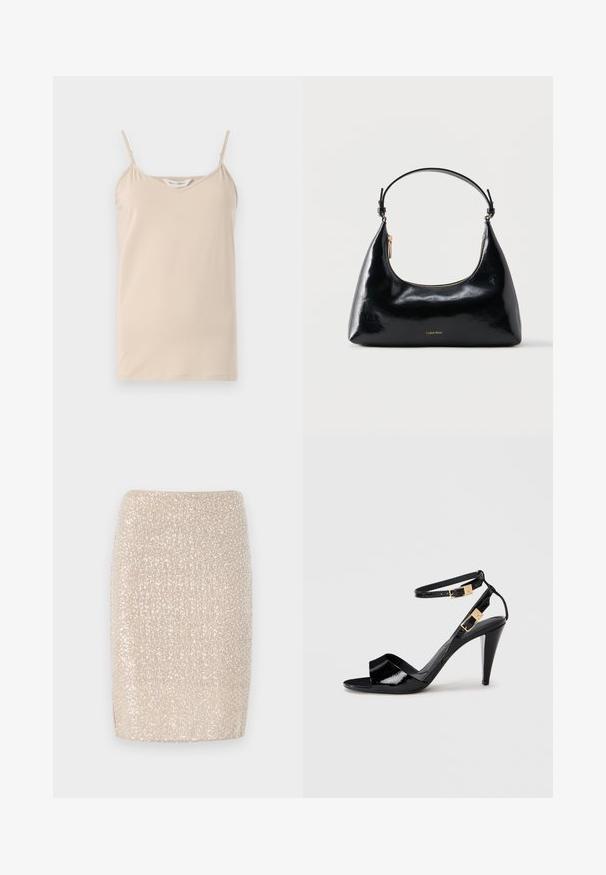 Beež camisole top õhukeste spagetipaeltega ja V-kaelusega, valmistatud pehmest kangast, millel on sile tekstuur ja sirge serv.; Kergedbeige pliiatsseelik, millel on vormiv disain, kaetud väikeste, peegeldavate päikesekildudega, sile tekstuur ja sirge serv.; Mustra musternahkade musta nahk sandaal kõrgete kontodega, topelt pahkluu rihmade ja kuldsete pandlatega, avatud varvastega ja kitsaste kergelt koonusjate kontidega neutraalsel taustal.; Musta läikiv Calvin Kleini käekott kuldse luku ja lühikese rihmaga valgel taustal.