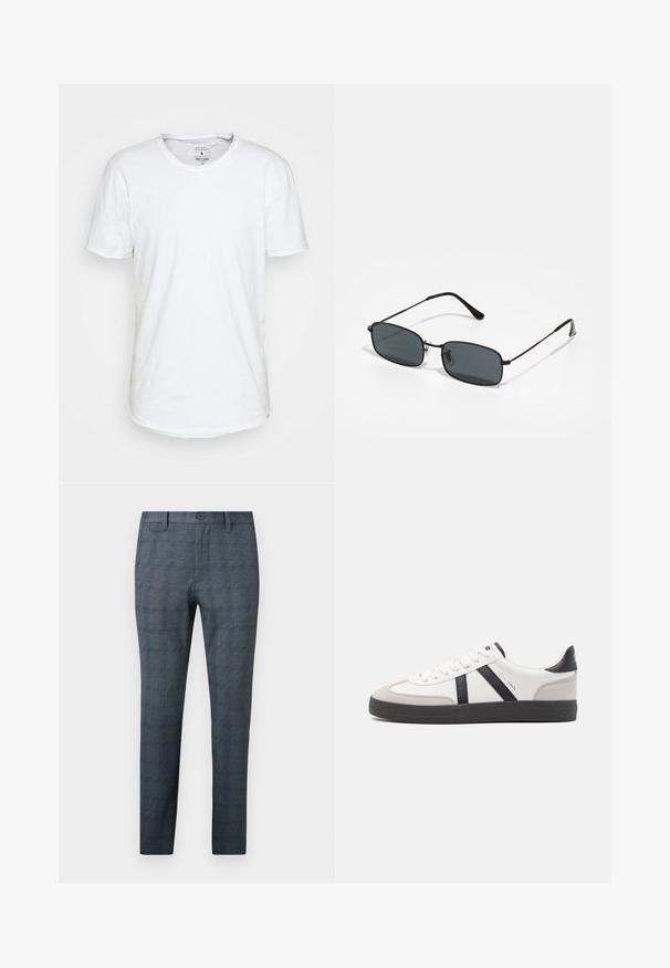 Witte T-shirt met korte mouwen van katoen, met een klassieke ronde halslijn. Heeft een licht gebogen zoom en minimale stiksels.; Slim-fit herenkleedbroek in blauwgrijs met een subtiel ruitpatroon, voorste knoop, riemlussen en een vlak ontwerp aan de voorkant.; Witte sneaker met zwarte en grijze accenten, voorzien van een grijze neus met textuur, zwarte rubberen zool en platte witte veters. Schoon ontwerp, minimalistische stijl.; Zwarte rechthoekige zonnebril met dun metaal montuur en donkere glazen, liggend op een wit oppervlak.