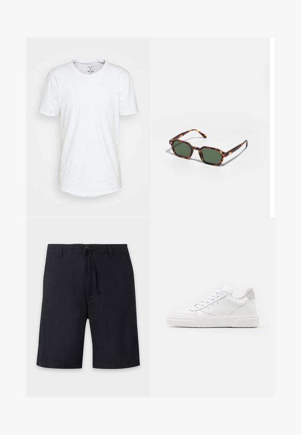 Weißes T-Shirt mit kurzen Ärmeln aus Baumwolle und klassischem Rundhalsausschnitt. Verfügt über einen leicht abgerundeten Saum und minimale Nähdetails.; Schwarze knielange Shorts mit Gürtelschlaufen, Knopfverschluss und verstellbarem Kordelzug in der Taille.; Weiße Leder-Sneaker mit glatter Oberfläche, rundem Zehenbereich, flachen Schnürsenkeln und strukturiertem Schuhsohlen. Graues Wildleder-Detail an der Ferse.; Schildpatt-Sonnenbrille mit grünen Gläsern, in einer achteckigen Form und schlanken, gebogenen Bügeln. Das Material hat eine glänzende Oberfläche.