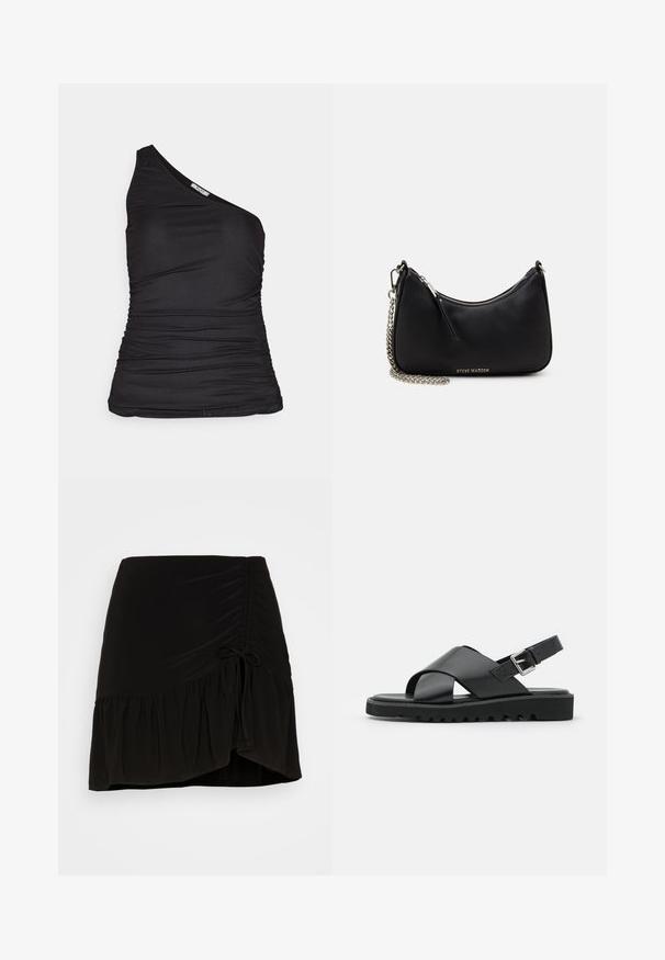 Zwarte top met één schouder, gemaakt van rekbaar materiaal, met plooien aan de voorkant en een getailleerd ontwerp voor een slanke silhouet.; Even&Odd Minirok - black; Zwarte leren sandalen met een kruisbandontwerp, verstelbare gesp en een gestructureerde zool met ribbels voor grip.; Zwarte synthetische handtas met een gebogen vorm, zilveren kettingriem, ritsluiting en een reliëf logo van het merk op de voorkant. Gladde textuur.