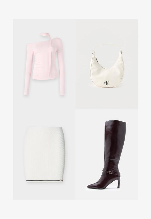 Roze langemouwen top met een off-shoulder ontwerp, voorzien van een strikdetail bij de hals en een aansluitende textuur die de silhouet benadrukt.; Witte gebreide rok met een gestructureerd kabelpatroon, elastische tailleband en een marineblauwe streep langs de onderzoom met een klein merklogo detail.; Kastanjebruine leren laarzen tot de knie met een spitse neus, een stilettohak en een decoratieve gespsluiting rond de enkel. Glad van structuur.; Kleine witte handtas in de vorm van een halve maan met een kort hengsel, ritssluiting en zwart "cK" logo aan de voorkant.