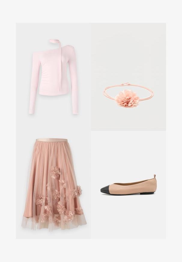 Lyserød langærmet top med off-shoulder-design, der har en bundet detalje ved halsen og en tætsiddende tekstur, der fremhæver silhuetten.; Tylskørt i blød lyserød med satinbånd i taljen. Har lag af gennemsigtigt stof og tredimensionelle blomsterapplikationer over det hele.; Læderballetflade med en nude farve og sort tætsko. Har et minimalistisk design, glat tekstur og en lille bagløkke for nem påføring.; Lyserødt elastisk hårbånd med en blød stofblomst med lagdelte kronblade i midten på en hvid baggrund.