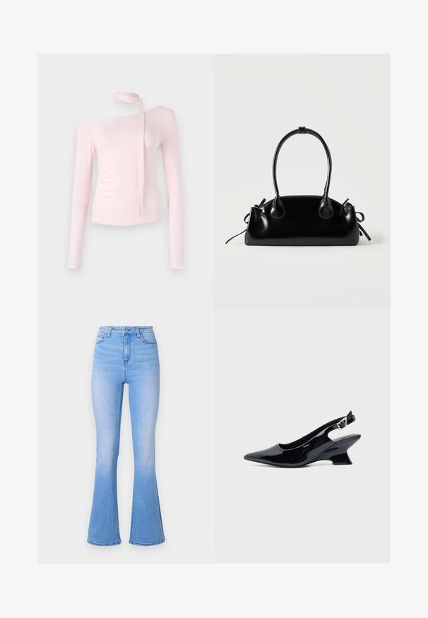Lyserød langærmet top med off-shoulder-design, der har en bundet detalje ved halsen og en tætsiddende tekstur, der fremhæver silhuetten.; Lyseblå flared jeans med høj talje, lavet af denim. Har en glat tekstur og en subtil falmende effekt mod kanten. Klassisk fem-lomme design.; Sort laklæder slingback sko med spids tå og lav vinklet blokhæl på ensartet lys baggrund.; Lille sort blank håndtaske med to lange håndtag og snøre-detaljer i siden på en ensfarvet lys baggrund.
