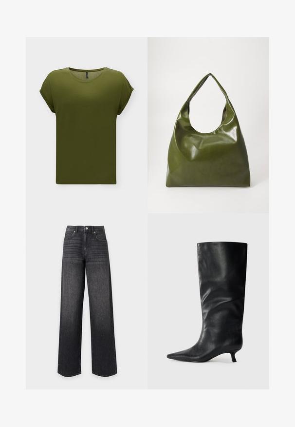 T-shirt uni vert olive à manches courtes avec revers de manches retroussés et encolure ronde, présenté sur fond blanc.; Jean en denim noir taille haute à jambes droites avec poches avant, passants de ceinture, bouton et fermeture éclair sur fond blanc.; Bottes en cuir noires jusqu'aux genoux avec un bout pointu et un petit talon, présentées sur un fond clair.; Sac hobo en cuir vert au design décontracté, avec une poignée incurvée et une texture lisse. Ne contient aucun matériel ou accent visible.