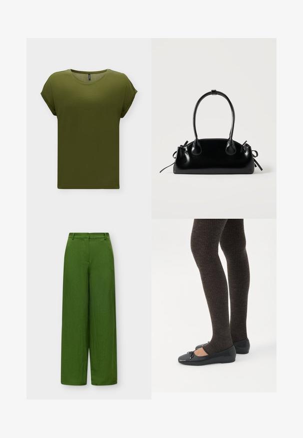 T-shirt uni vert olive à manches courtes avec revers de manches retroussés et encolure ronde, présenté sur fond blanc.; Pantalon taille haute à jambes larges en vert olive uni avec passants de ceinture et fermeture avant lisse.; Jambes portant des leggings côtelés foncés associés à des ballerines noires avec de petits détails en nœud sur fond blanc.; Petit sac à main noir brillant avec deux longues anses et des détails à cordon sur les côtés sur un fond clair uni.