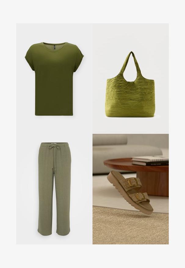 T-shirt uni vert olive à manches courtes avec revers de manches retroussés et encolure ronde, présenté sur fond blanc.; ONLY Petite ONLSIESTA PULL UP - Pantalon classique - deep lichen green; Sandale à glissière marron avec deux boucles dorées et détails cloutés, posée près d'une table en bois avec des livres empilés et un canapé beige en arrière-plan.; Sac fourre-tout vert avec un tissu texturé et froissé et de larges poignées, présenté sur un fond clair uni.
