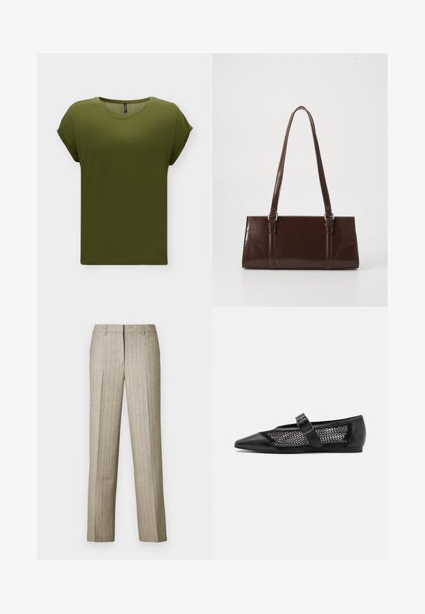 T-shirt uni vert olive à manches courtes avec revers de manches retroussés et encolure ronde, présenté sur fond blanc.; Pantalon beige à fines rayures avec une coupe droite, doté d'une ceinture structurée et d'une texture subtile sur l'ensemble du tissu.; Chaussure plate noire avec un bout pointu, panneaux latéraux en maille et une sangle avec une boucle décorative. Fini lisse sur les sections du bout et du talon.; Sac à main en cuir verni marron de forme rectangulaire, avec deux longues poignées et des accents courbés subtils à l'avant.
