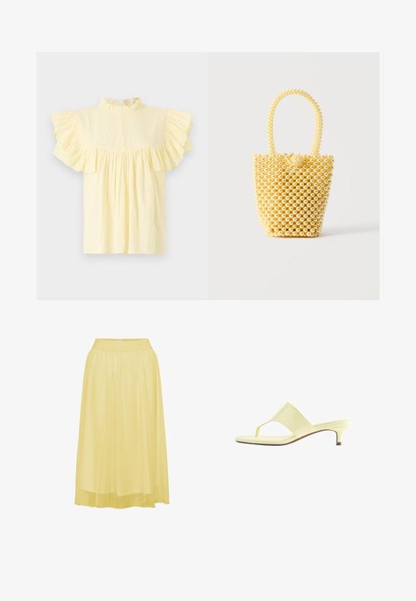 Lys gul bluse med høj flæsekrave, korte flæseærmer og en samlet krop med vandrette teksturlinjer.; Gul, plisseret midiskirt med en blød, blank overflade og elastisk talje, designet til komfort og bevægelsesfrihed.; Lysegul hælsandal med en tåremme og lav kittenhæl, vist i profil på hvid baggrund.; Lille skuldertaske i spandstil lavet af skinnende cremefarvede perler med en håndtagsløkke af perler og dekorativ perleknaplukning.