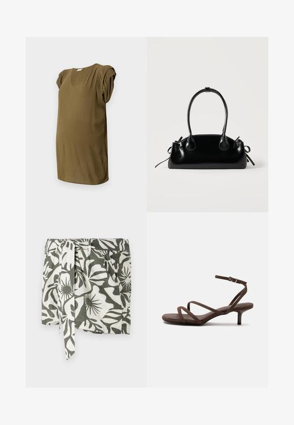Top de maternité vert olive avec décolleté en V, manches courtes plissées et tissu texturé. Coupe décontractée avec un ourlet arrondi.; Jupe portefeuille à motif floral vert et blanc avec une ceinture à nouer, en tissu léger, présentant une coupe décontractée et des plis sur le côté.; Sandale marron à talons hauts avec fines lanières croisées et bride de cheville avec boucle argentée sur fond blanc.; Petit sac à main noir brillant avec deux longues anses et des détails à cordon sur les côtés sur un fond clair uni.