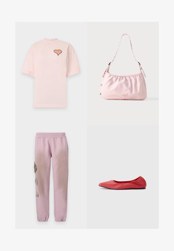 Lyserød T-shirt med korte ærmer og et lille orange hjerte med sort omrids på venstre bryst, ensfarvet baggrund.; Lyserøde sweatpants med elastisk talje, prydet med dekorative patches i diamantform på venstre side og elastiske manchetter ved anklerne.; Filippa K REY FLATS - Ballerinasko - bright red; Lyserød skuldertaske med justerbar rem, samlet topkant, lynlås og lille præget logo foran i midten.
