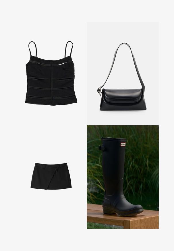Sort tætsiddende crop top med tynde skulderstropper og vandrette sømdetaljer på stoffet.; Sort asymmetrisk mininederdel med knapdetaljer og bæltestropper, lavet af glat stof.; Sort gummistøvle til knæene med rundt tå, let hæl og en spænde rem. Har "HUNTER" logoet på forsiden.; Sort læderhåndvask med en struktureret form, en glat overflade og en enkelt skulderrem. Har et subtilt, rundet klapdesign.