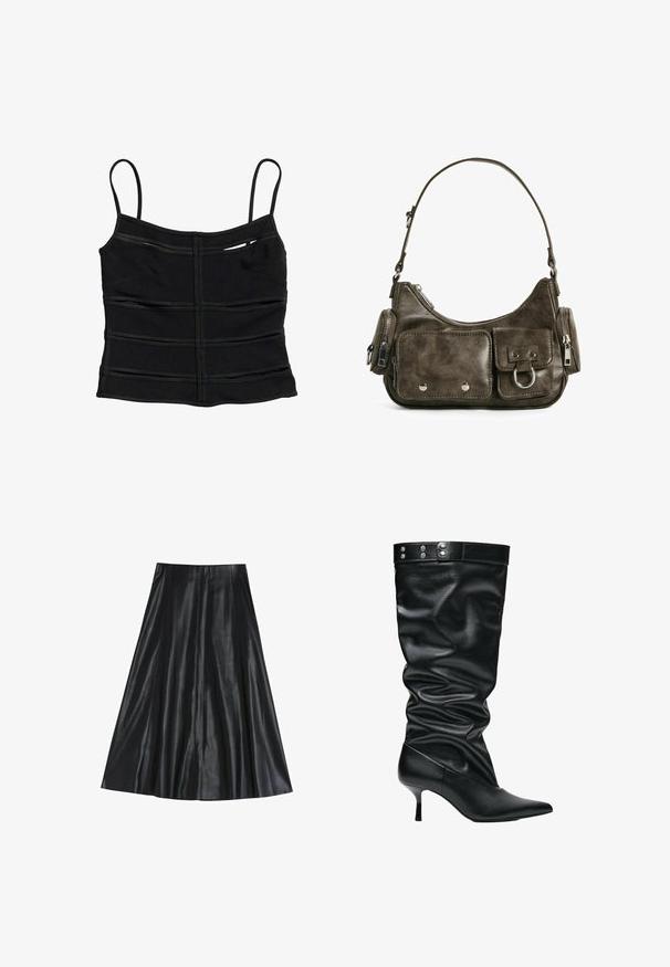 Sort tætsiddende crop top med tynde skulderstropper og vandrette sømdetaljer på stoffet.; Sort læder midi-nederdel med en udvidet facon, der har en glat tekstur og plisseret design for ekstra volumen. Ingen synlig hardware eller detaljer.; Sort midt på læderstøvle med spids snude, lille stiletthæl, slasket skaft og dekorative nitter på øverste kantrem.; Mørkegrøn læderhåndtaske med en buet form, lynlåslommer og en frontlomme med klap. Udstyret med sølvhardware og tekstureret finish.