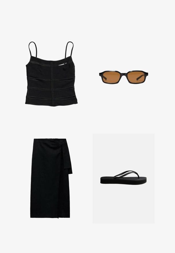 Sort tætsiddende crop top med tynde skulderstropper og vandrette sømdetaljer på stoffet.; Sort omslagsnederdel lavet af tekstureret stof med knyttet talje, lige silhuet og en let frynset kant. Ingen synlige mønstre eller accenter.; Sort gummiflipflop med tekstureret sål og Y-formet rem, vist i sideprofil mod en ensartet lys baggrund.; Sorte rektangulære solbriller med tykke stel og brune tonede linser, vist forfra på en hvid baggrund.