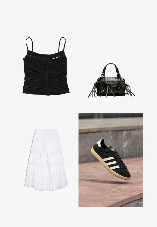 Crop top noir ajusté avec fines bretelles et détails de coutures horizontales sur le tissu.; Jupe blanche à volants superposés avec plusieurs couches et une ceinture élastique, créant une apparence fluide et légère.; Baskets Adidas noires avec des bandes blanches et une semelle beige, capturées en plein air au-dessus d'une surface en pierre et d'un mur en pierre en arrière-plan.; Sac à main en cuir noir avec poignées tressées, surface texturée, poche frontale zippée et accents de franges décoratives. Forme compacte et structurée.