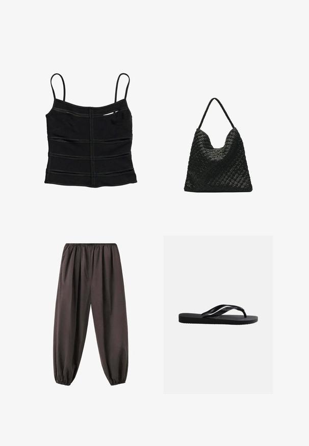 Zwart aansluitend cropped topje met dunne schouderbandjes en horizontale naaddetails over de stof.; Losse donkerbruine broek met elastische tailleband en boorden, gemaakt van zachte stof, ontworpen voor comfort en casual dragen.; Zwarte rubberen flip-flopsandaal met gestructureerde zool en gladde bandjes, zijaanzicht tegen een effen lichtgrijze achtergrond.; Zwarte gevlochten leren schoudertas met enkele gevlochten riem en zachte, slappe driehoekige vorm tegen een witte achtergrond.