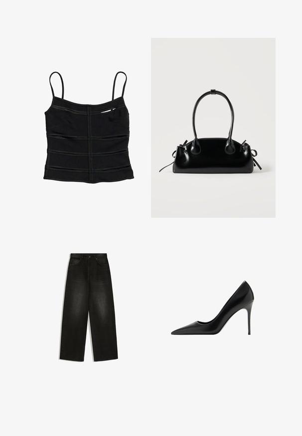 Crop top noir ajusté avec fines bretelles et détails de coutures horizontales sur le tissu.; Jean noir taille haute à jambes larges avec poches avant, passants de ceinture et fermeture par bouton, présenté à plat sur fond blanc.; Chaussure à talon haut en cuir noir avec un bout pointu, texture lisse et un talon aiguille fin. Présente un design épuré et minimaliste.; Petit sac à main noir brillant avec deux longues anses et des détails à cordon sur les côtés sur un fond clair uni.