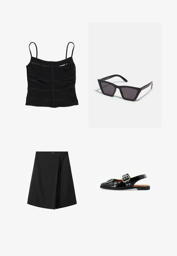 Top corto negro ajustado con tirantes finos y detalles de costuras horizontales en la tela.; Falda negra hasta la rodilla con una cintura recta y un detalle de pliegue superpuesto en la parte delantera, mostrada sobre un fondo blanco.; Zapato de charol negro tipo slingback con dos hebillas plateadas, suela plana y ojales decorativos en el costado para un detalle adicional.; Gafas de sol negras y angulares con lentes grises; fabricadas en plástico, con varillas gruesas de superficie suave y sin herrajes visibles.