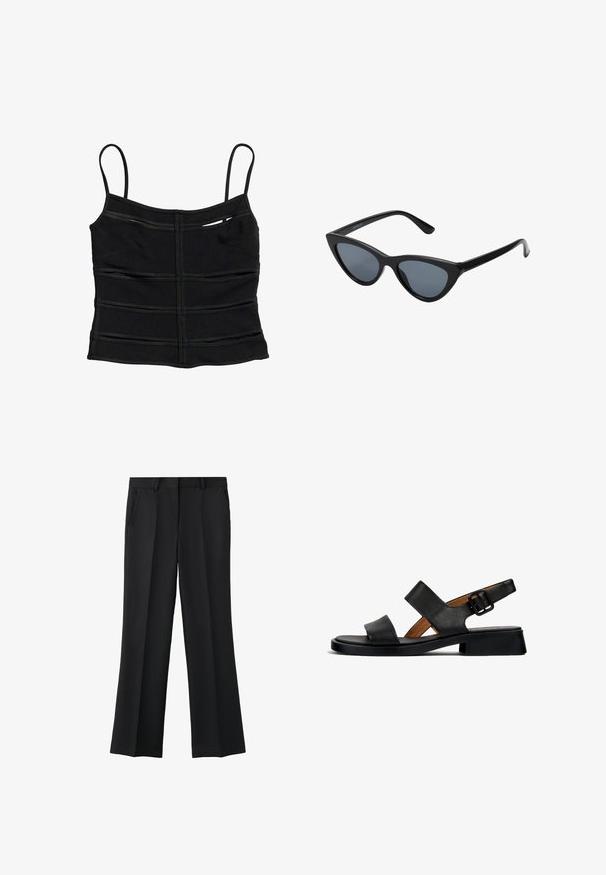 Schwarzes figurbetontes Crop-Top mit dünnen Schulterträgern und horizontalen Nahtdetails am Stoff.; Schwarze formelle Straight-Leg-Hose mit Bügelfalte vorne, Seitentaschen und Gürtelschlaufen, vor weißem Hintergrund präsentiert.; Schwarze Leder-Sandale mit zwei horizontalen Riemen und einem geschnallten Knöchelriemen. Flache, strukturierte Sohle mit einem leichten Absatz und einer glatten Oberfläche.; Schwarze Cat-Eye-Sonnenbrille mit dunkelgrauen Gläsern, schlankem Kunststoffrahmen, spitzen Ecken und geraden Bügeln. Keine sichtbaren Befestigungen oder Akzente.