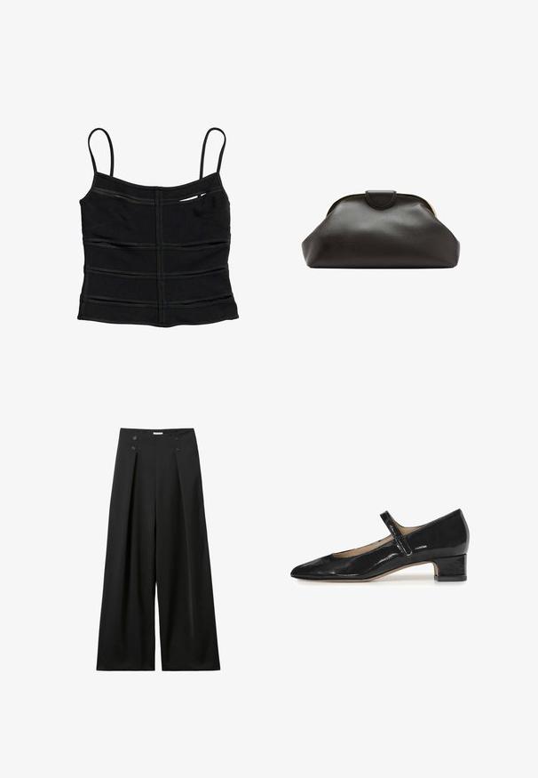 Top corto negro ajustado con tirantes finos y detalles de costuras horizontales en la tela.; Pantalones negros de pierna ancha hechos de un material suave, con cintura alta, dos botones decorativos y pinzas frontales para mayor detalle.; Zapato Mary Jane de charol negro con punta afilada y un tacón bajo en bloque. Presenta una única correa ajustable sobre el empeine.; Bolso de mano de cuero negro suave con un marco redondeado y un pequeño cierre en la parte superior central.