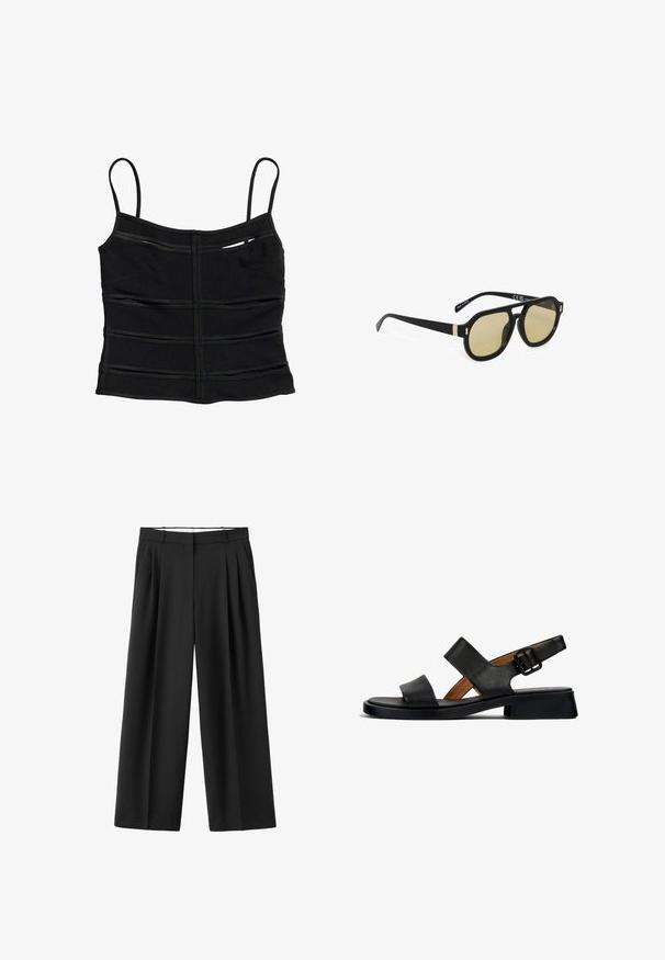 Top corto negro ajustado con tirantes finos y detalles de costuras horizontales en la tela.; Pantalones negros de pierna ancha con pliegues delanteros, trabillas para cinturón y cierre delantero oculto.; Sandalia de cuero negro con dos correas horizontales y una correa en el tobillo con hebilla. Suela plana y texturizada con un ligero tacón y un acabado suave.; Gafas de sol con montura negra, lentes tintadas de amarillo y un detalle dorado cerca de las bisagras, posicionadas en un ángulo de tres cuartos sobre un fondo blanco.