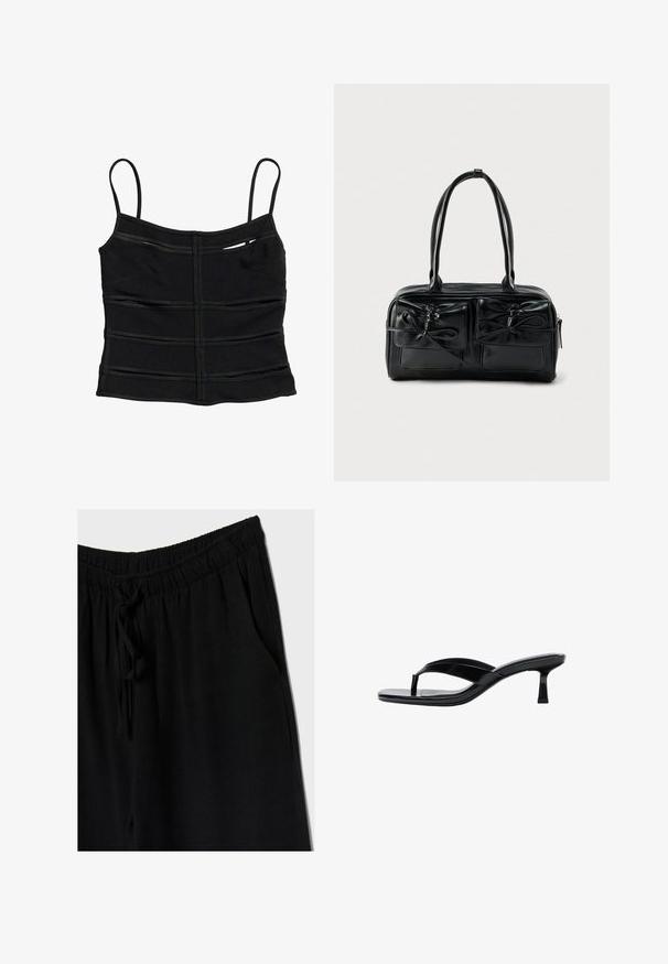 Crop top noir ajusté avec fines bretelles et détails de coutures horizontales sur le tissu.; Pantalons noirs avec une taille élastique et un cordon de serrage, offrant une coupe décontractée et des poches latérales. Le matériau semble doux et léger.; Sandale à talon en cuir verni noir avec une bride entre les orteils et un talon mince de hauteur moyenne, vue de profil sur fond blanc.; Sac à main en cuir noir avec deux poches avant et accents en forme de nœud, doté de poignées robustes et d'une forme rectangulaire structurée.