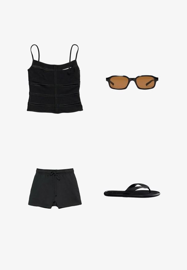 Crop top noir ajusté avec fines bretelles et détails de coutures horizontales sur le tissu.; Short décontracté noir avec taille élastique et cordon, doté de poches latérales et d'une coupe ample.; Sandale tong en caoutchouc noir avec semelle texturée et bride entre les orteils, montrée de profil sur fond blanc.; Lunettes de soleil rectangulaires noires avec des montures épaisses et des verres teintés marron, vues de face sur un fond blanc.