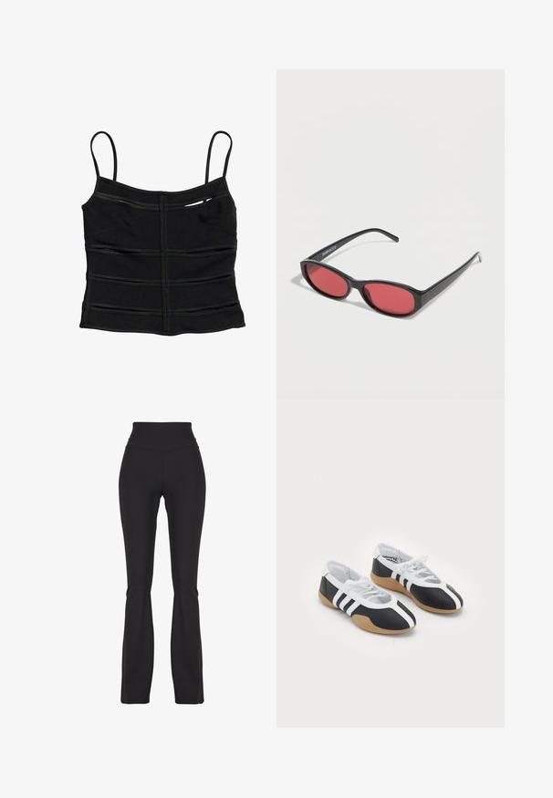 Sort tætsiddende crop top med tynde skulderstropper og vandrette sømdetaljer på stoffet.; Sorte flared leggings lavet af strækbart stof, med en høj talje og glat tekstur, designet til komfort og bevægelighed.; Sort-hvide sportsko med et slankt design, gummisål, snørebåndslukning og tre hvide striber på siden.; Sorte ovale solbriller med tynde arme og rødtonede linser, der ligger på en hvid overflade.