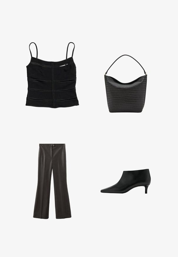 Crop top noir ajusté avec fines bretelles et détails de coutures horizontales sur le tissu.; Pantalon en cuir noir avec une coupe évasée très large, une taille plate à l'avant, et une texture lisse et brillante. Aucun élément métallique ou motif visible.; Bottine en cuir noir avec bout pointu et petit talon kitten, conçue pour un port élégant et formel.; Sac à main en cuir noir avec texture tissée et une seule bandoulière, forme seau avec bord supérieur légèrement affaissé.