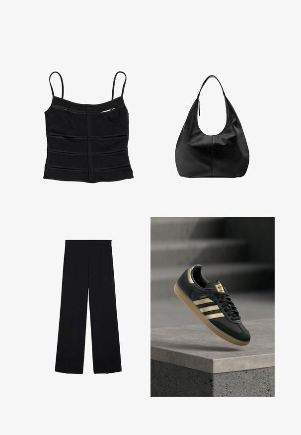 Schwarzes figurbetontes Crop-Top mit dünnen Schulterträgern und horizontalen Nahtdetails am Stoff.; Schwarze, weit geschnittene Hose aus glattem Material, mit hoher Taille und gefaltetem Frontbereich, die ein sauberes, minimalistisches Design ohne Muster oder Beschläge aufweist.; Schwarzer Adidas Samba Sneaker mit goldenen Streifen und Gummisohle, der über einer Betonfläche mit unscharfen Treppen im Hintergrund schwebt.; Schwarze Leder-Hobo-Tasche mit einem breiten Riemen und einem Reißverschlussdetail auf einem schlichten weißen Hintergrund.