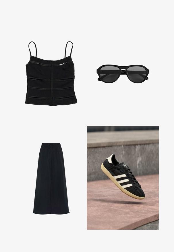 Sort tætsiddende crop top med tynde skulderstropper og vandrette sømdetaljer på stoffet.; Sorte bukser med bred benvidde, elastisk talje og justerbar snor. Fremstillet af letvægtsstof med en glat tekstur. Ingen synlige mønstre.; Sort Adidas sneaker med hvide striber og beige sål, fanget i luften over en stenet overflade og baggrund af en stenmur.; Solbriller med sort plaststel, mørke tonede glas og en smal bro, vist forfra på en hvid baggrund.