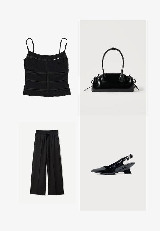 Sort tætsiddende crop top med tynde skulderstropper og vandrette sømdetaljer på stoffet.; Sorte bukser med bred benvidde lavet af blødt stof. Har en elastisk talje med snøre og to sidelommer. Flad front med plisseringer.; Sort laklæder slingback sko med spids tå og lav vinklet blokhæl på ensartet lys baggrund.; Lille sort blank håndtaske med to lange håndtag og snøre-detaljer i siden på en ensfarvet lys baggrund.