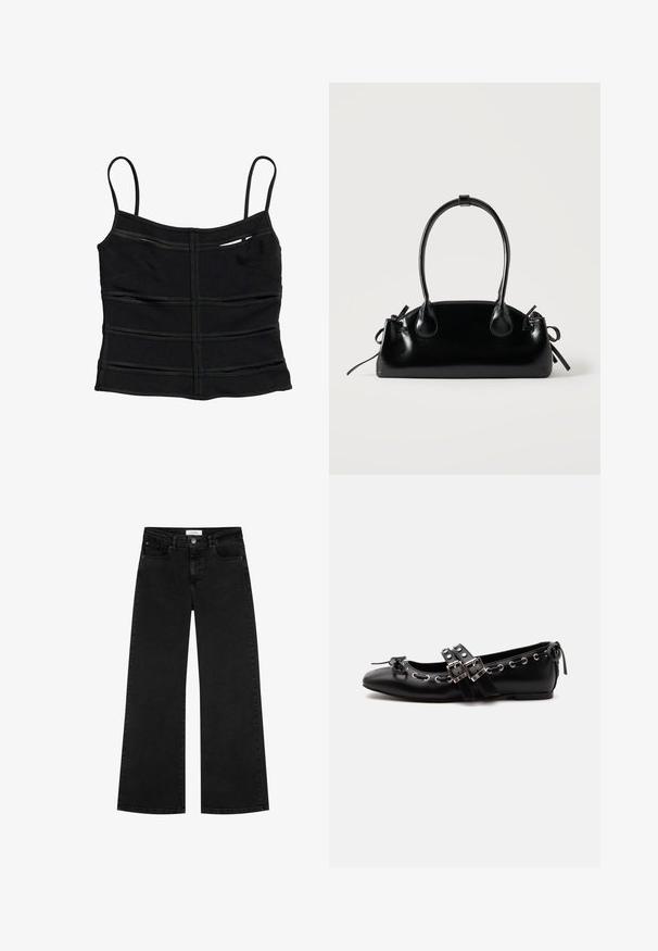 Sort tætsiddende crop top med tynde skulderstropper og vandrette sømdetaljer på stoffet.; Sorte høj talje vidde jeans med for- og møntlommer, knaplukning og bæltestropper.; Sort flad balletsko med dobbelt spænde, sølvøjer og en lille sløjfe nær den runde tå på en hvid baggrund.; Lille sort blank håndtaske med to lange håndtag og snøre-detaljer i siden på en ensfarvet lys baggrund.