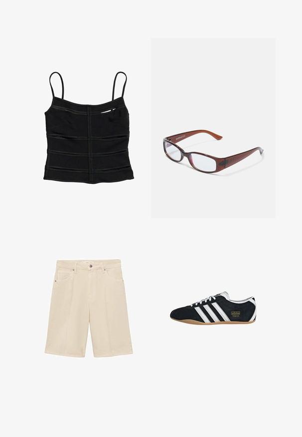 Sort tætsiddende crop top med tynde skulderstropper og vandrette sømdetaljer på stoffet.; Beige bomuldsshorts med lynlås og knappelukning. Har fem lommer og subtile syninger. Regulær pasform og knælang design.; Sort ruskinds sneaker med hvide tre striber, guldlogo og en brun gummisål. Har et lavprofil snørebåndsdesign.; Brune-farvede rektangulære briller med en glat overflade, der har slanke arme og gennemsigtige linser. Logoet er synligt på venstre temple.