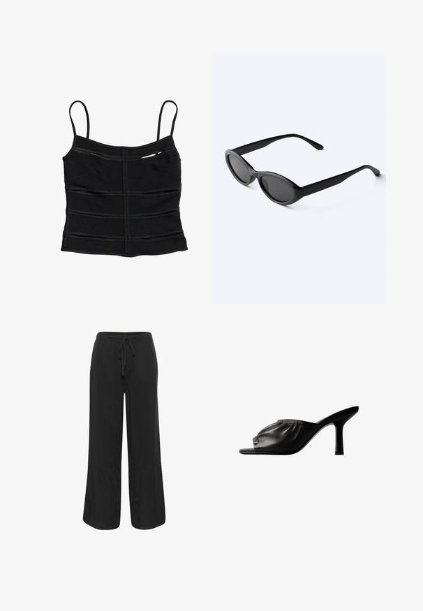 Top corto negro ajustado con tirantes finos y detalles de costuras horizontales en la tela.; Culture CUNAVI CLARINA - Pantalones - black; Mula de cuero negro con punta abierta, parte superior fruncida y tacón stiletto delgado de altura media, vista lateral sobre fondo blanco.; Gafas de sol ovaladas negras y elegantes con lentes oscuras y patillas rectas, reposando sobre una superficie blanca.