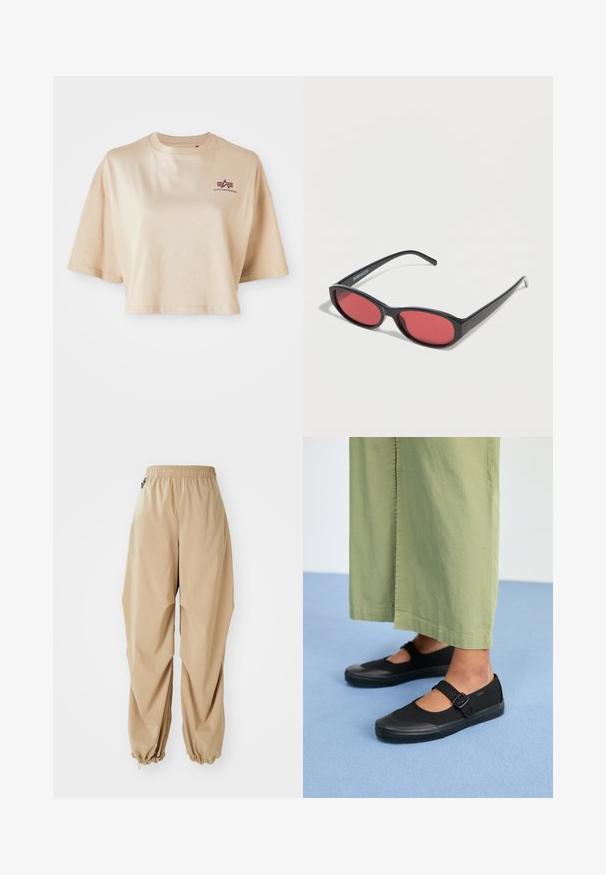 Beige, verkürztes T-Shirt aus Baumwolle mit kurzen Ärmeln, rundem Halsausschnitt und einem bordeauxroten Logo-Graphic auf der linken Brust.; Beige leichte Hose mit elastischem Bund, schmal zulaufenden Säumen und glatter Textur, die eine lockere Passform hat und keine sichtbaren Muster oder Verzierungen aufweist.; Schwarze Leinenschuhe mit runder Spitze, Gummisohle und einer Schnallenriemen. Kombiniert mit lockeren, hellgrünen Hosen.; Schwarze ovale Sonnenbrille mit schlanken Bügeln und rot getönten Gläsern, die auf einer weißen Oberfläche liegt.