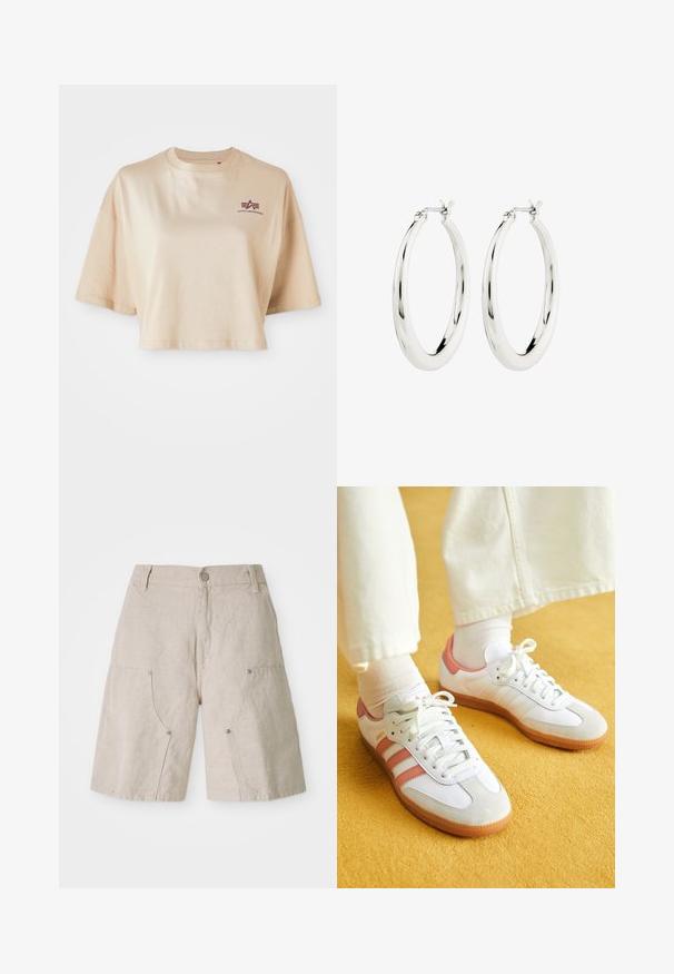 Beige cropped t-shirt lavet af bomuld, med korte ærmer, en rund halsudskæring og et maroon logo grafik på venstre bryst.; Beige linnedshorts med en afslappet pasform, der har to forlommer og cirkulære metaldetaljer. Afslappet design med en tekstureret overflade.; Hvide sportsko med lyserøde accenter, lavet af ruskind og læder, rund tå og gummisål, vist med lyse sokker på en gul baggrund.; Sølvøreringe i form af hoops med en glat, blank finish. Cirkulær form, der har en sikker lås. Simpelt og elegant design.