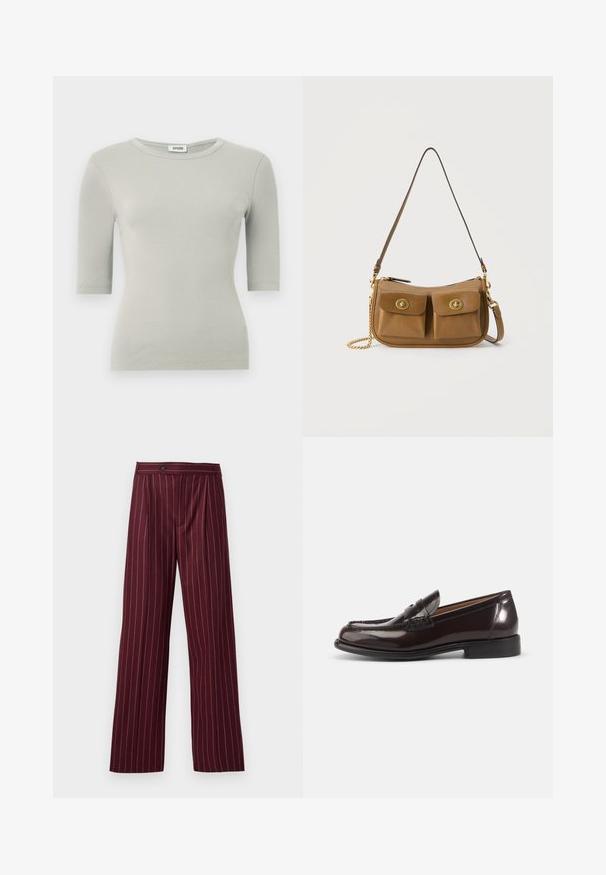 Haut gris clair à manches courtes côtelées avec un col rond et une coupe ajustée. Texture lisse et légère élasticité pour le confort.; Pantalons larges bordeaux avec un motif à rayures, devant plissé et fermeture à bouton, fabriqués à partir d'un tissu doux au design structuré.; Mocassin penny pour homme en cuir brun foncé poli avec talon bas et détails cousus sur fond blanc.; Sac à bandoulière en cuir marron avec deux poches avant à rabat, équipées de fermoirs dorés à torsion, et un détail en chaîne dorée sur un côté.