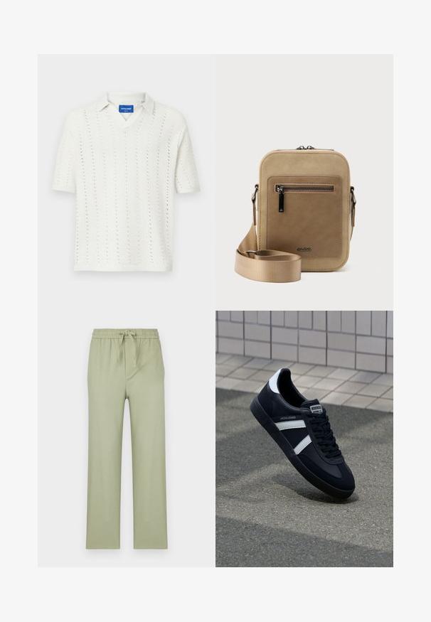 Hvid strikket polo shirt med korte ærmer og V-hals, med vertikale mønstre og ribbet kant. Etiket synlig ved kraven.; Bukser i lys olivengrøn, lavet af blødt stof. Har en elastisk talje med snor og lige, løstsiddende ben.; Sort lædersneaker med hvide striber, tekstureret gummisål og snørrebånd foran. Har et brandet mærke på tungen.; Lille beige crossbody-taske med lynlåslomme foran, metal ALDO-logo, justerbar bred rem og rundet rektangulær form på hvid baggrund.