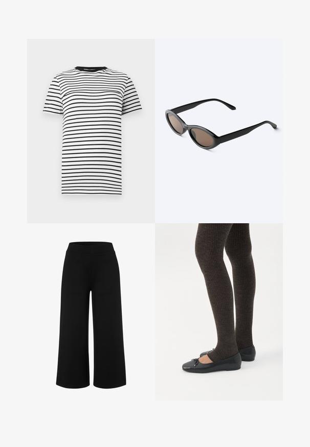 T-shirt à rayures noires et blanches en tissu doux. Il présente un col rond et des manches courtes, avec des rayures horizontales régulièrement espacées.; Culottes larges noires en tissu doux et extensible. Dotées d'une taille haute et d'une texture lisse sans motifs ni éléments visibles.; Jambes portant des leggings côtelés foncés associés à des ballerines noires avec de petits détails en nœud sur fond blanc.; Lunettes de soleil noires à monture ovale avec verres teintés foncés, montrées légèrement en angle sur une surface blanche.