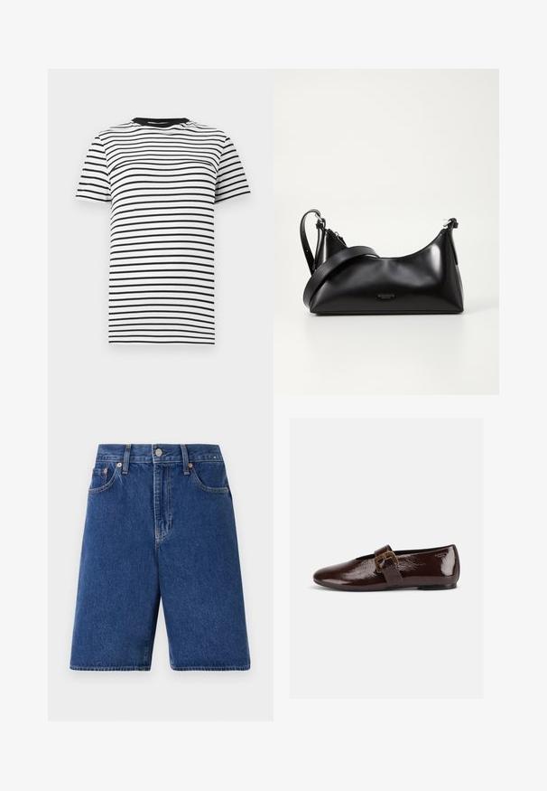 T-shirt à rayures noires et blanches en tissu doux. Il présente un col rond et des manches courtes, avec des rayures horizontales régulièrement espacées.; Shorts en denim bleu foncé avec une coupe classique, design à cinq poches et surpiqûres orange. Finition avec un bouton frontal et une fermeture éclair.; Chaussure plate en cuir verni marron foncé avec une large bride à boucle dorée et un bout arrondi, présentée de profil sur fond blanc.; Sac à main en cuir noir avec une texture lisse. Dispose d'une bandoulière adjustable et d'un design élégant et minimaliste avec une fermeture éclair.