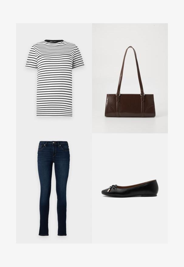 Zwart-witte gestreepte T-shirt van zachte stof. Heeft een ronde hals en korte mouwen, met gelijkmatig verdeelde horizontale strepen.; TOM TAILOR DENIM TTJONA SKINNY FIT - Jeans Skinny Fit - used dark stone blue denim; Zwarte leren ballerina met een afgeronde neus, een klein strikje met goudkleurige uiteinden en een lage platte hak op een grijze achtergrond.; Bruine lakleren handtas met een rechthoekige vorm, twee lange handvatten en subtiele gebogen accenten aan de voorkant.