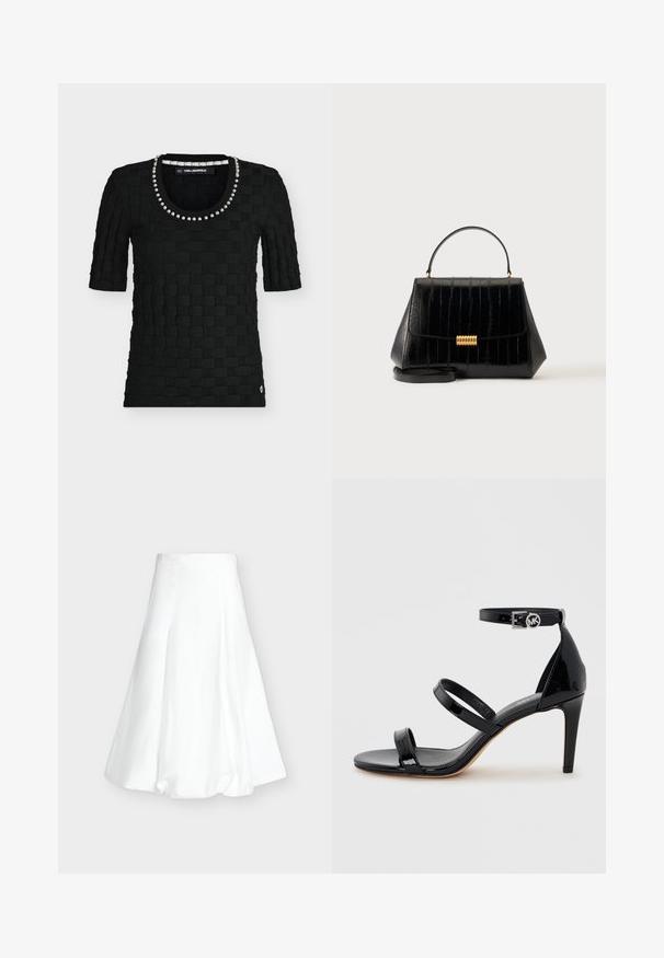 Haut noir à manches courtes texturé avec un motif en tissage panier et un col rond orné de grosses perles argentées.; Jupe midi blanche taille haute avec un ourlet bouffant et des coutures verticales sur un fond gris clair uni.; Sandale à talon haut en cuir verni noir avec trois fines lanières et une bride de cheville avec une boucle ronde.; Sac à main en cuir noir avec poignée supérieure, fermoir doré et bandoulière amovible sur un fond clair uni.