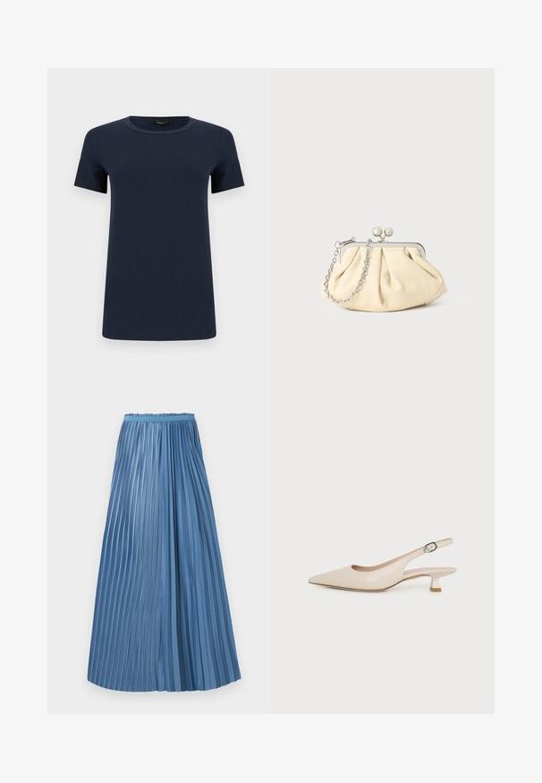T-shirt en coton bleu marine à manches courtes avec col rond, présenté à plat sur un fond blanc.; Jupe plissée bleu longueur cheville avec des plis de largeurs inégales et une ceinture ajustée sur fond blanc.; Chaussure slingback beige à bout pointu avec un petit talon kitten et une boucle latérale réglable sur fond blanc uni.; Pochette en cuir beige plissé avec un cadre en métal argenté, dotée de deux fermoirs ronds décoratifs et d'une chaîne en argent.